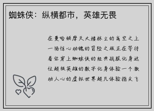 蜘蛛侠：纵横都市，英雄无畏
