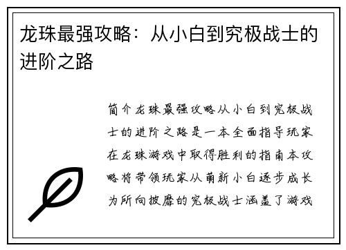 龙珠最强攻略：从小白到究极战士的进阶之路